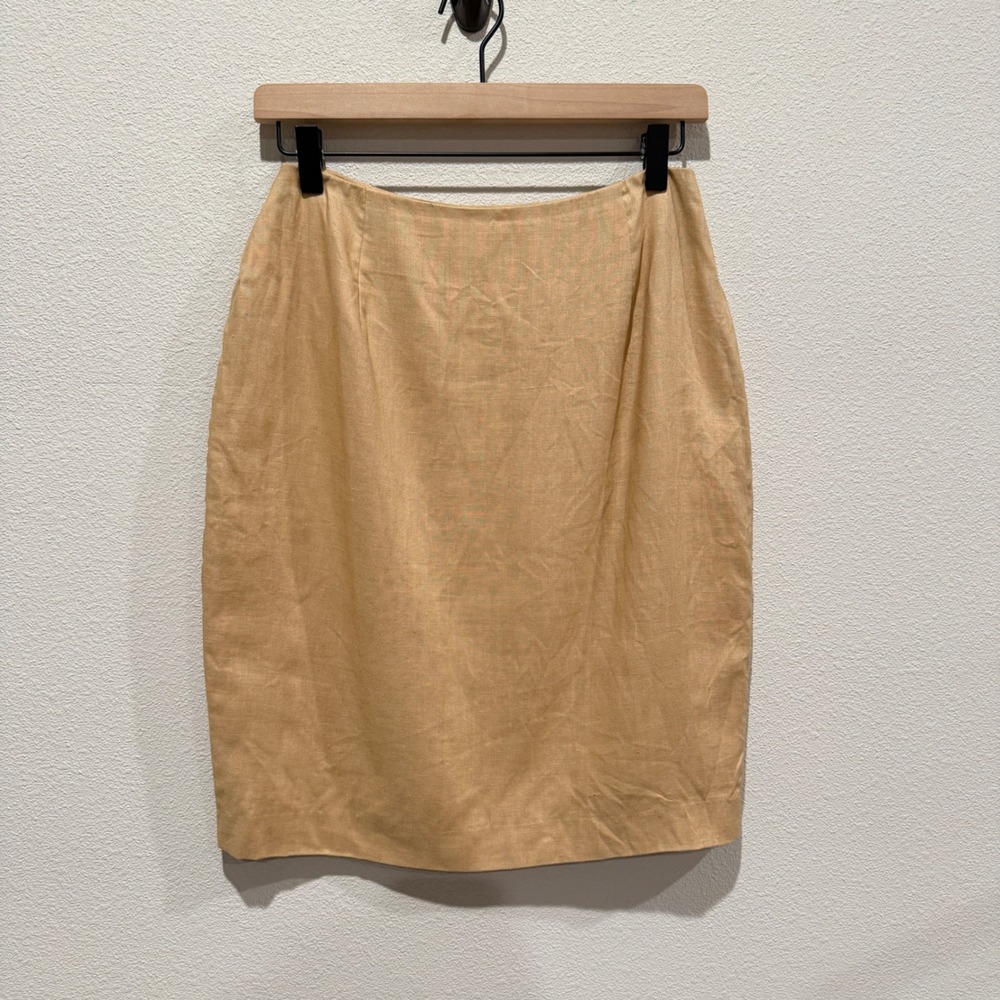 HUGO BUSCATI Womens Linen Pencil Skirt 8 Tan Minimalist Academia Preppy Vintage